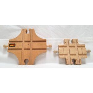 Vintage Lot of 2 Brio Wood 4-Way Train Track Cross & Intersection Pieces
